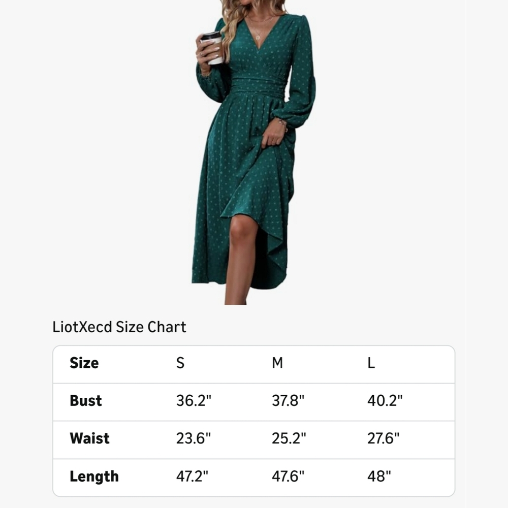 NWT Liotxecd Green Swiss Dot V Long Lanturn Sleeve Prairie Boho Maxi Dress L - Picture 10 of 12